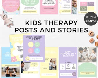 May include: A collection of 20 Instagram posts and stories with matching designs, focused on kids' therapy. The posts feature pastel colors, graphics, and text about feelings, behavior, and therapy techniques. The phrase "Kids Therapy Posts and Stories" is prominently displayed.