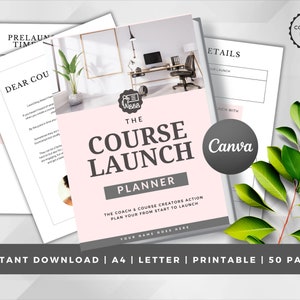 May include: A course launch planner with a pink and white design, featuring the text "The Course Launch Planner" and "Instant Download". The planner includes pages with details and prelaunch information. A commercial license is included.