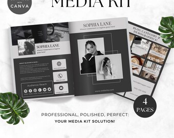Peut inclure: Modèle de kit média noir et blanc pour un blogueur ou un influenceur. Le modèle comprend une page de couverture avec le nom "Sophia Lane" et une mission ou un slogan. Le modèle comprend également des pages sur le blogueur, la portée du public, les catégories de blog et les données démographiques. Le modèle est modifiable et imprimable.