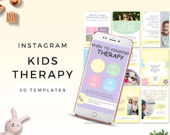 May include: A digital marketing image for Instagram featuring the text "Instagram Kids Therapy" and "20 Templates." A smartphone displays a graphic about therapy. Additional graphics include text like "What Calms Your Child Best?" and "It's Okay to Feel Big Feelings."