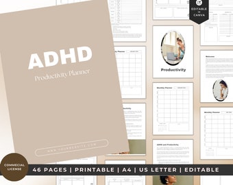 Könnte beinhalten: Ein beigefarbener ADHD-Produktivitätsplaner mit dem Text "ADHD Productivity Planner" in Weiß. Der Planer umfasst 46 Seiten und ist im A4- und US-Letter-Format druckbar. Das Bild zeigt auch andere Seiten mit dem Wort "Productivity".
