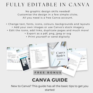 May include: A Canva guide with a free bonus. The guide includes tips for using Canva, a graphic design platform. The image shows a mockup of a Canva document with the text "Canva Basics" and "Test Checklist".