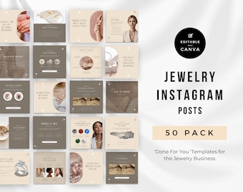 May include: A set of 50 Instagram post templates for jewelry businesses. The templates feature a neutral color palette with beige, brown, and white backgrounds. The templates include text such as "jewelry", "Instagram posts", "50 pack", and "Done For You Templates for the Jewelry Business".