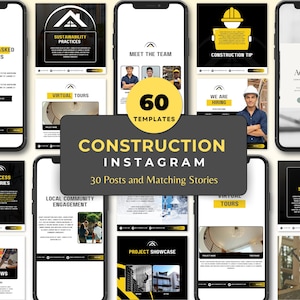 Op de afbeelding: Een collage van 60 Instagram-post- en story-sjablonen voor bouwbedrijven. De sjablonen bevatten een verscheidenheid aan ontwerpen, waaronder afbeeldingen van bouwvakkers, gebouwen en gereedschap. De tekst op de sjablonen bevat zinnen als "Duurzaamheidspraktijken", "Maak kennis met het team", "Bouwtip", "Virtuele rondleidingen", "Lokale gemeenschapsbetrokkenheid" en "Projectpresentatie".
