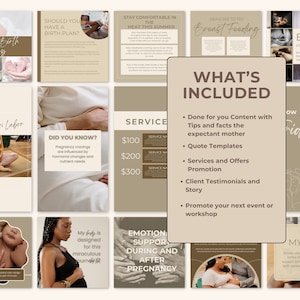May include: A collection of beige and brown social media templates with text about pregnancy, birth plans, and breastfeeding. The templates include the text "What's Included" and bullet points about content, quote templates, and services.