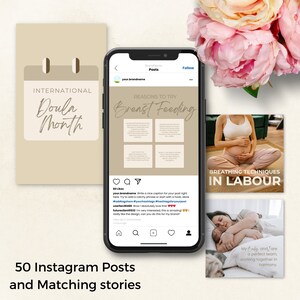 May include: A mockup of 50 Instagram posts and matching stories. The posts include text about breastfeeding, labor breathing techniques, and a calendar for International Doula Month. A phone displays the posts.