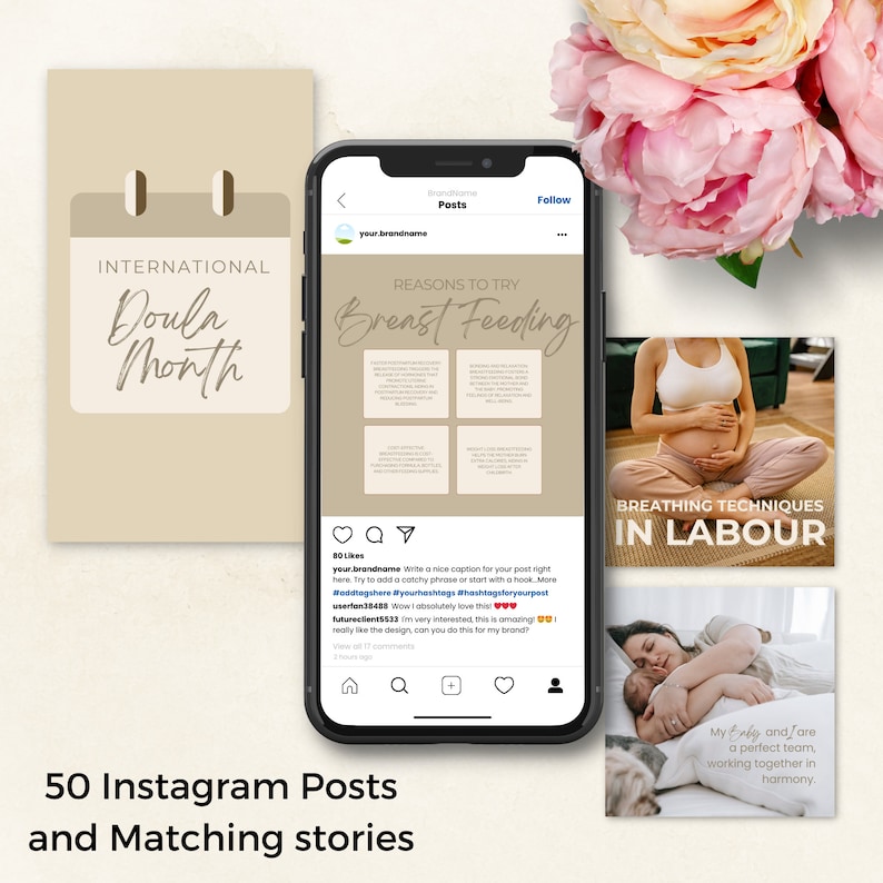 May include: A mockup of 50 Instagram posts and matching stories. The posts include text about breastfeeding, labor breathing techniques, and a calendar for International Doula Month. A phone displays the posts.