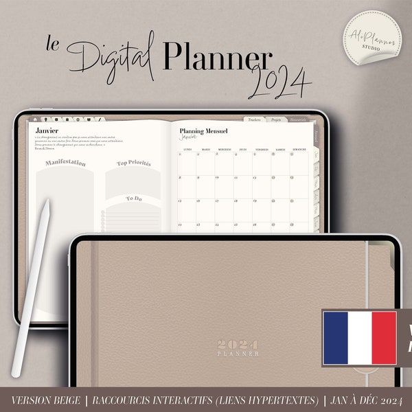 Digital Planner 2024 par Ali Planner | en Français | Effet Cuir Beige Rose | Minimaliste Aesthetic | Planificateur Digital | GoodNotes iPad