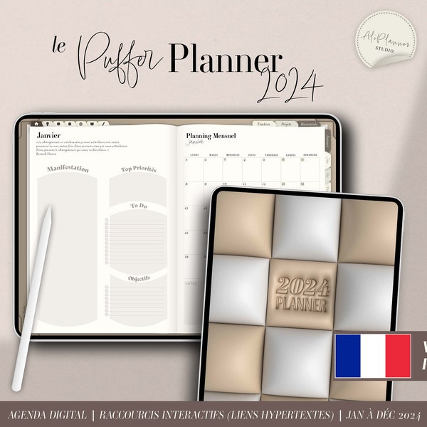 Digital Planner 2024 par Ali Planner | en Français | Effet Matelassé Puffer | Minimaliste Aesthetic | Planificateur Digital | GoodNotes iPad