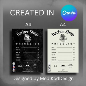 May include: Two black and white price lists for a barber shop. The price list on the left is on a black background with white text. The price list on the right is on a white background with black text. Both price lists feature a vintage barber pole and a mustache graphic. The price lists include the following services: Kid Cut, Senior Cut, Beard Trim, Buzz Cut, Clipper Cut, and Scissor Cut.