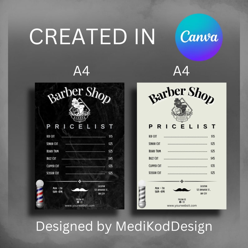 May include: Two black and white price lists for a barber shop. The price list on the left is on a black background with white text. The price list on the right is on a white background with black text. Both price lists feature a vintage barber pole and a mustache graphic. The price lists include the following services: Kid Cut, Senior Cut, Beard Trim, Buzz Cut, Clipper Cut, and Scissor Cut.