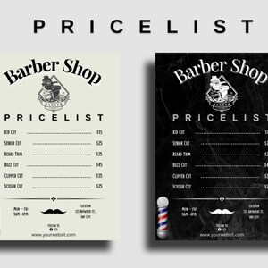 May include: Black and white price list for a barber shop. The price list includes services such as kid cut, senior cut, beard trim, buzz cut, clipper cut, and scissor cut. The price list also includes the shop's location and website.