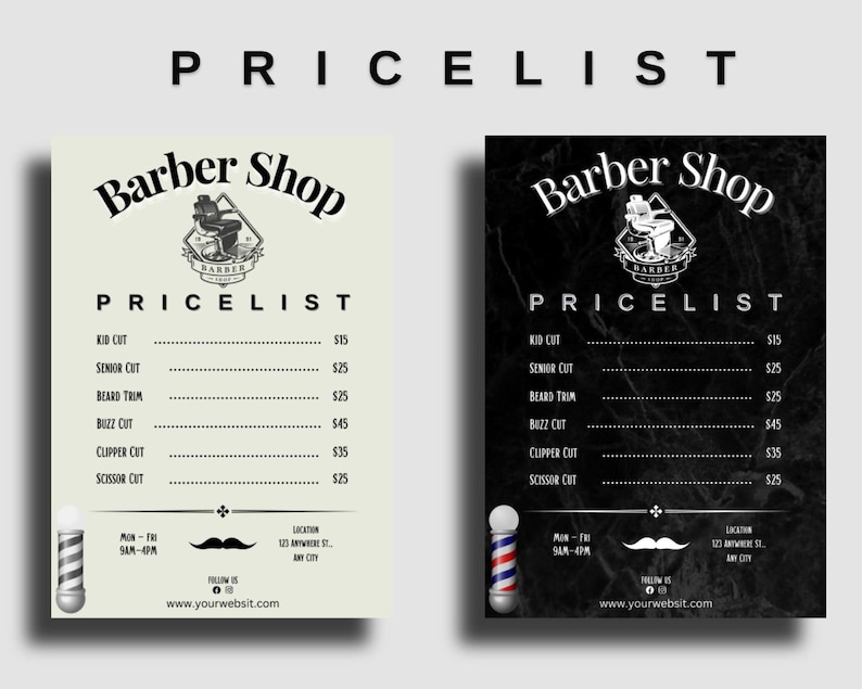 May include: Black and white price list for a barber shop. The price list includes services such as kid cut, senior cut, beard trim, buzz cut, clipper cut, and scissor cut. The price list also includes the shop's location and website.