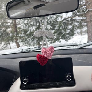Crochet heart car charm, car mirror decor, purse charm, Valentine’s gift, cute handmade accessory, boho rearview charm, pink car charm image 4