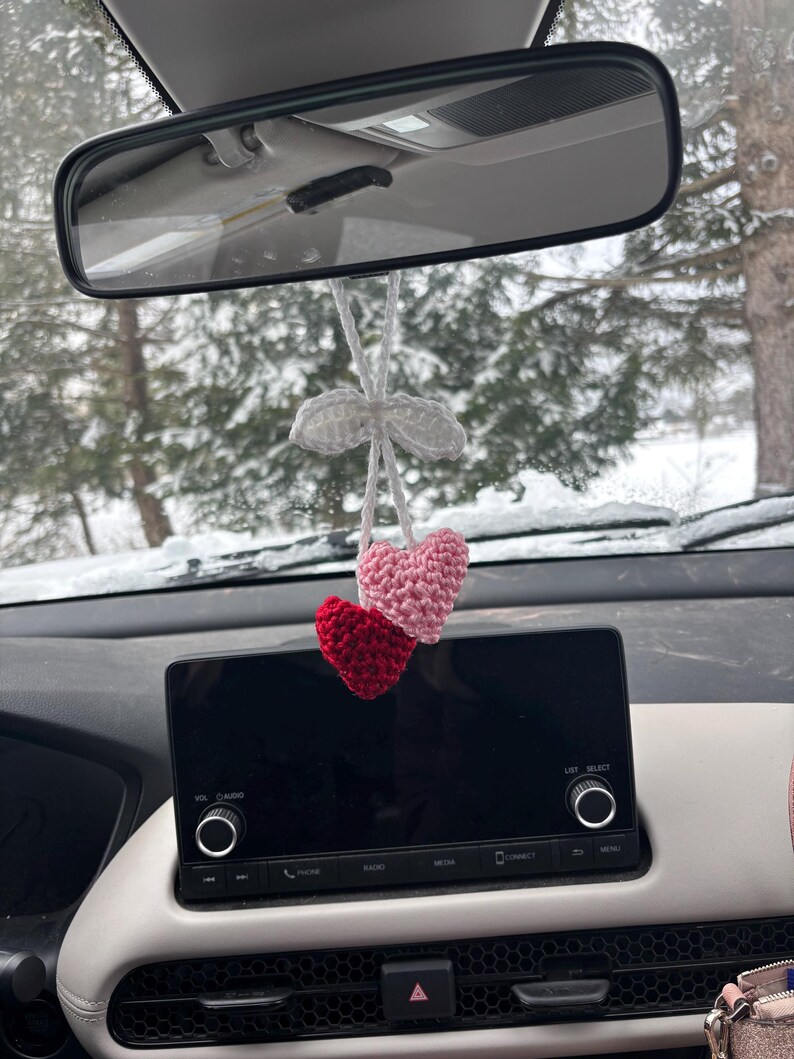 Crochet heart car charm, car mirror decor, purse charm, Valentine’s gift, cute handmade accessory, boho rearview charm, pink car charm image 4