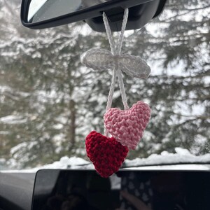 Crochet heart car charm, car mirror decor, purse charm, Valentine’s gift, cute handmade accessory, boho rearview charm, pink car charm image 10