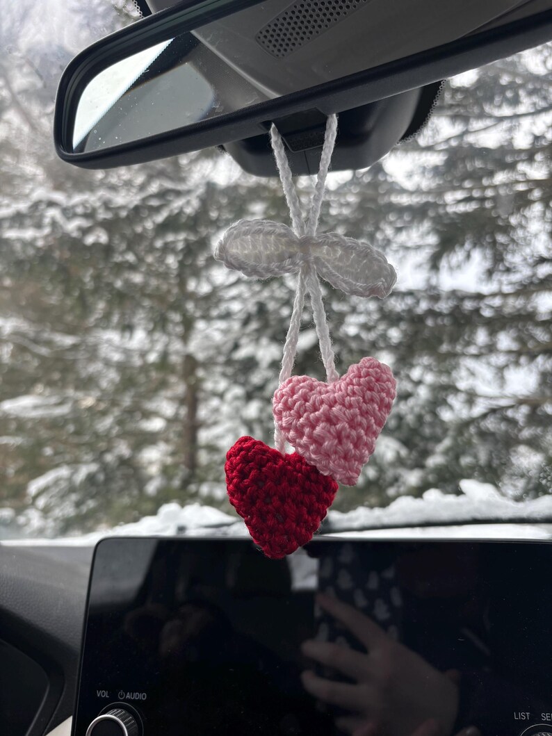 Crochet heart car charm, car mirror decor, purse charm, Valentine’s gift, cute handmade accessory, boho rearview charm, pink car charm image 10