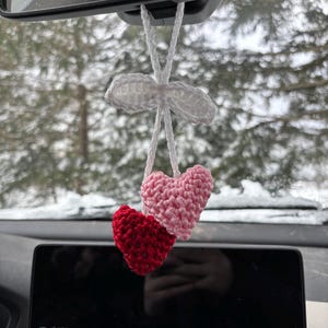 Crochet heart car charm, car mirror decor, purse charm, Valentine’s gift, cute handmade accessory, boho rearview charm, pink car charm image 2