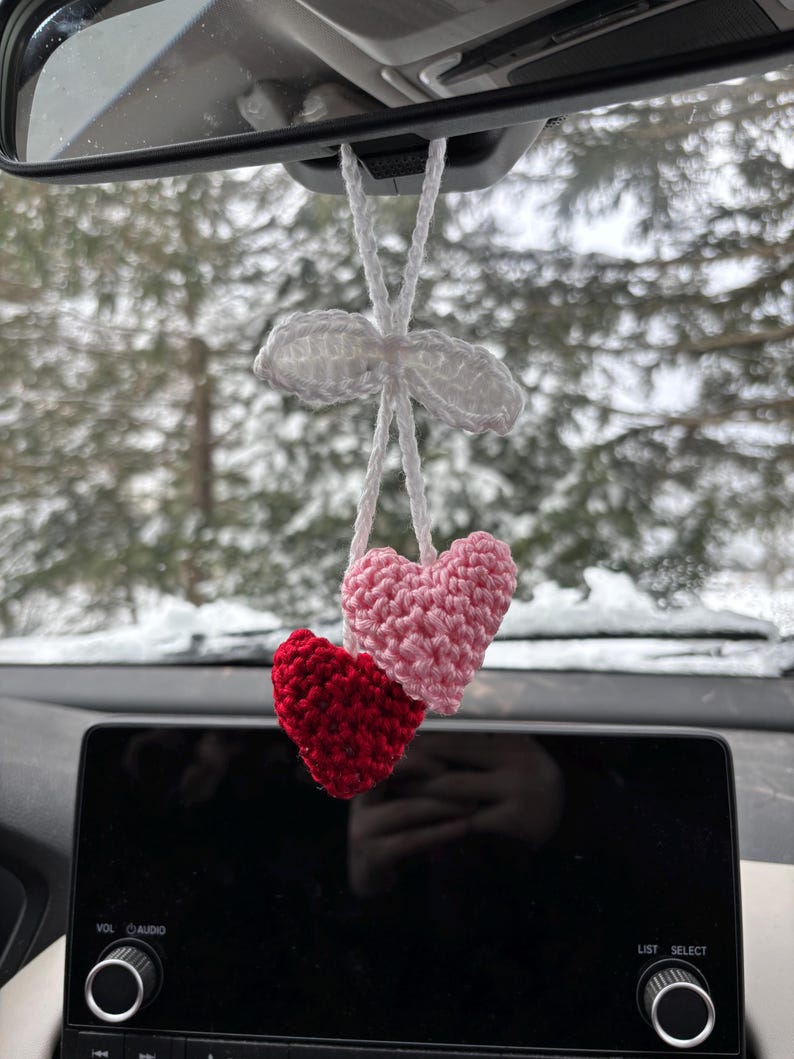 Crochet heart car charm, car mirror decor, purse charm, Valentine’s gift, cute handmade accessory, boho rearview charm, pink car charm image 2
