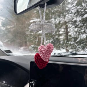 Crochet heart car charm, car mirror decor, purse charm, Valentine’s gift, cute handmade accessory, boho rearview charm, pink car charm image 11