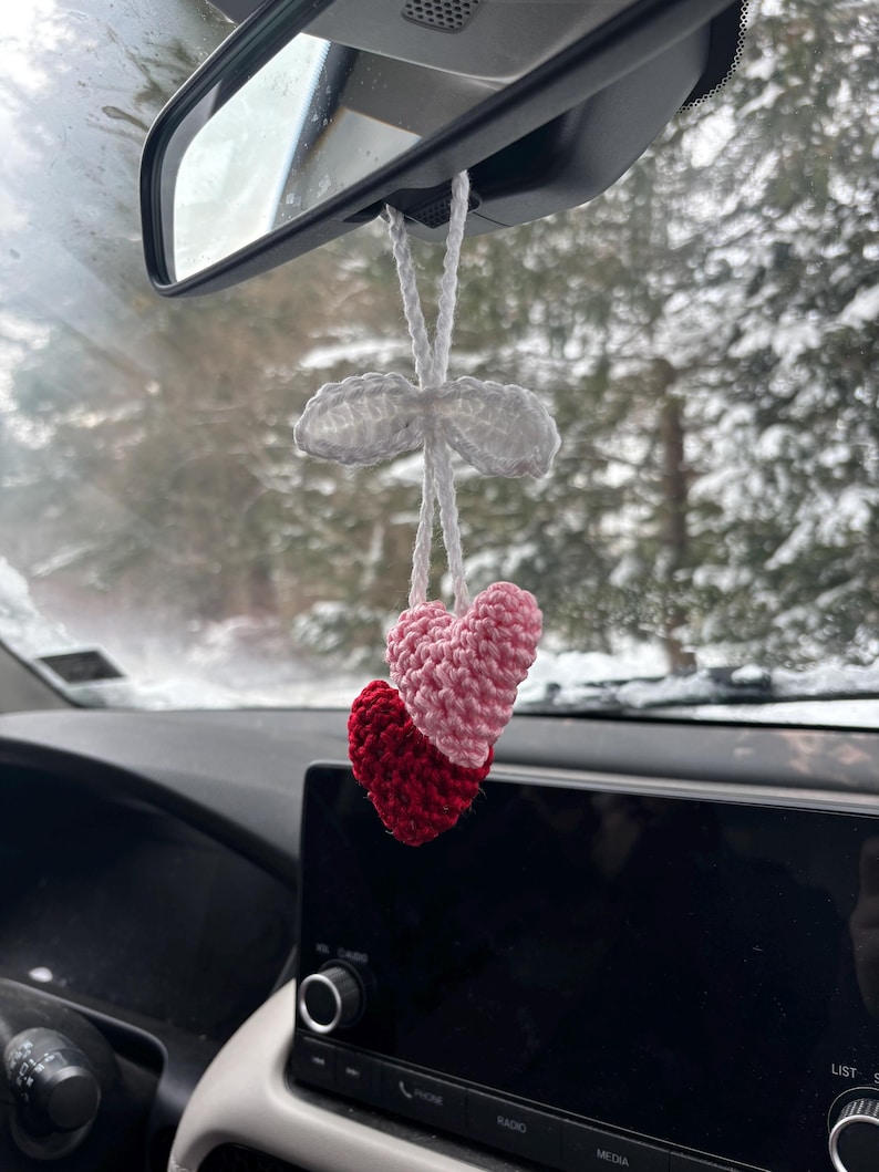 Crochet heart car charm, car mirror decor, purse charm, Valentine’s gift, cute handmade accessory, boho rearview charm, pink car charm image 11