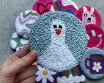 Handmade Punch Needle Mug Rug, Unique Cotton Coaster