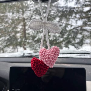 Crochet heart car charm, car mirror decor, purse charm, Valentine’s gift, cute handmade accessory, boho rearview charm, pink car charm image 1
