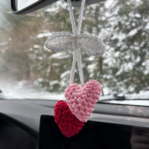 Crochet heart car charm, car mirror decor, purse charm, Valentine’s gift, cute handmade accessory, boho rearview charm, pink car charm image 3