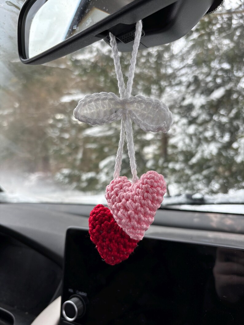 Crochet heart car charm, car mirror decor, purse charm, Valentine’s gift, cute handmade accessory, boho rearview charm, pink car charm image 3