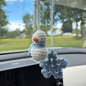 Handmade Crochet ornament Car charm, Christmas car decor, cute stocking stuffer,  holiday rear view mirror hanger, snowman car charm