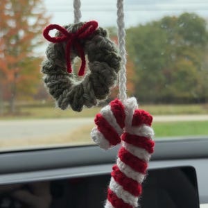 Handmade Crochet candy cane and wreath Car charm, Christmas car decor, stocking stuffer,  holiday rear view mirror hanger, red and green
