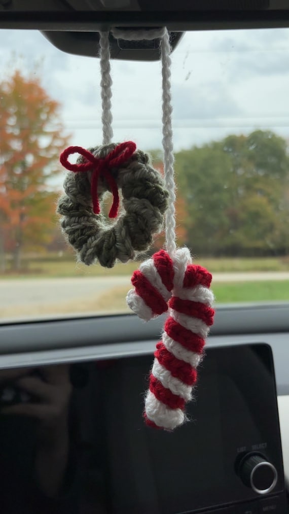 Handmade Crochet candy cane and wreath Car charm, Christmas car decor, stocking stuffer,  holiday rear view mirror hanger, red and green