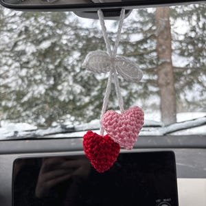 Crochet heart car charm, car mirror decor, purse charm, Valentine’s gift, cute handmade accessory, boho rearview charm, pink car charm image 9