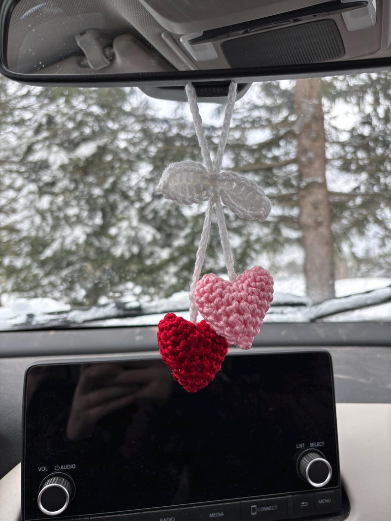 Crochet heart car charm, car mirror decor, purse charm, Valentine’s gift, cute handmade accessory, boho rearview charm, pink car charm image 9