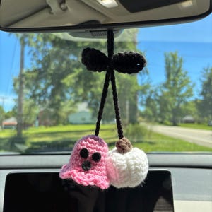 Handmade Crochet Ghost and pumpkin Car charm, spooky rear view mirror decor, Halloween car accessory, hanging ghost ornament, goth aesthetic