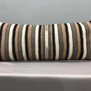 15 "x 37" pollici / fodera per cuscino lombare oversize neutra pollici, lana crema organica con federa extra lunga Kilim a righe marrone naturale