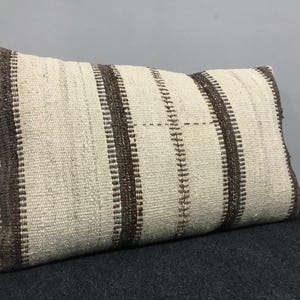 Vintage Turkish Kilim Lumbar Pillow Cover: Neutral Wool Rug, 10x24