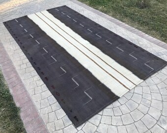 6x11 Overdyed Gray Kilim Rug: Striped Wool Area Rug
