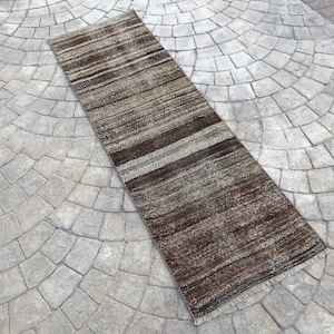 Neutral Brown Goat Hair Kilim Runner Rug: Striped Design (2x6 ft)