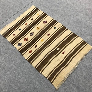 Vintage embroidery small rug , Striped small kilim rug ,Turkish small rug ,Door mat rug , Minimalist small rug, Square small rug, 2.3x3.3 ft