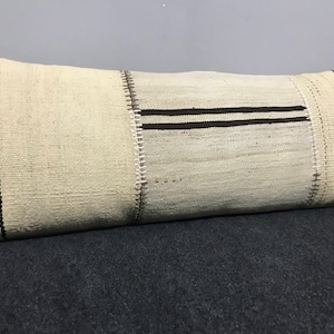 13&quot;x34&quot; inches / Neutral Extra Long Lumbar Pillow cover  Inches , Organic Cream Wool with Natural Black Striped Kilim Pillow Case, xl pillow
