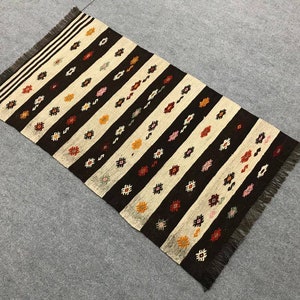 Vintage embroidery small rug , Striped small kilim rug ,Turkish small rug ,Door mat rug , Minimalist small rug, Square small rug, 2.3x4.2 ft