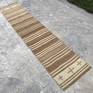 Brown runner rug , Striped runner rug ,Wool Flatweave runner rug , Minimalist runner rug, Short runner rug, Turkish runner rug,2.0x9.1 ft
