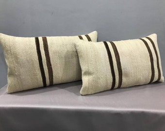 Neutral Turkish Kilim Lumbar Pillow Cover: Vintage Wool, Boho Cushion (13&quot;x22&quot;)