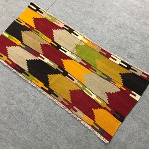 Vintage Turkish small rug , Striped small kilim rug ,Turkish small rug ,Door mat rug , Minimalist small rug, Square small rug, 2.2x4.9 ft