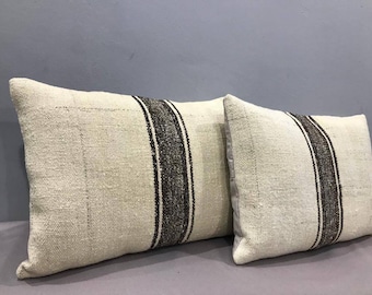 Vintage Turkish Kilim Lumbar Pillow Cover: Organic Cream Wool, Brown & Gray Stripes (15&quot;x22&quot;)