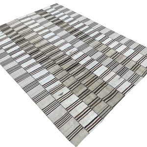 9x13 Oversize Area Kilim Rug , Minimalist Neutral Kilim Rug , 9.13 Stripe Desing Area Kilim Rug , Natural White with Brown Rug , 9.6x13.3 ft