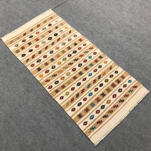 Vintage embroidery small rug , Striped small kilim rug ,Turkish small rug ,Door mat rug , Minimalist small rug, cotton small rug, 2.5x3.8 ft
