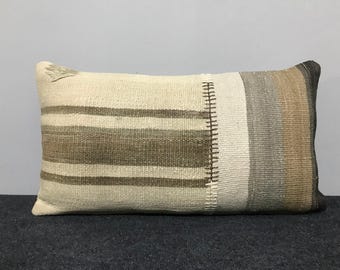 Neutral Wool Lumbar Pillow Cover: Vintage Turkish Kilim, Black Stripe (13"x29")