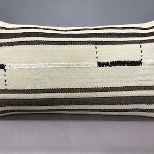 16"x29" pollici / copertura del cuscino lombare extra large neutra pollici, lana crema organica con federa per cuscino Kilim a righe grigio naturale, cuscino xl